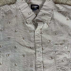 Lands End Tan & White Seersucker Striped SeaShell Button Up Short Sleeve Shirt L